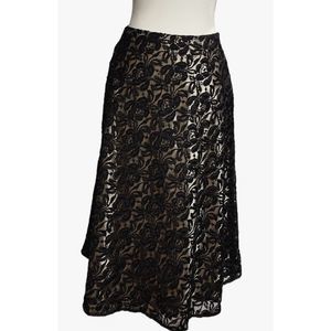 Mix by Tahari Sheer Black Sequined Lace Over Nude Satin Midi Skirt Women Size 4